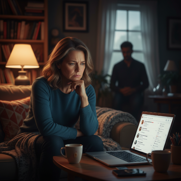 Žena zvažuje důvěru ve vztahu, zatímco na pozadí je naznačena tajná online aktivita jejího partnera.