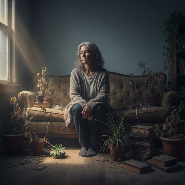 Žena pociťující apatii a prázdnotu po rozvodu sedí na gauči v zanedbaném obývacím pokoji, s náznakem naděje v pozadí.