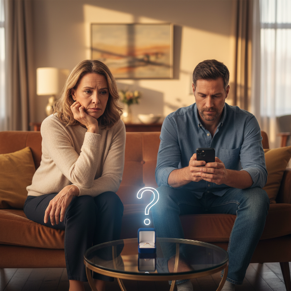 Ilustrace ženy zamyšleně sedící na pohovce vedle partnera, který je zaujatý telefonem, s vizuálními symboly nejistoty ve vztahu.