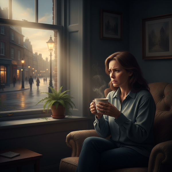 Žena středního věku zažívá úzkost v klidném domácím prostředí, zatímco vnější svět symbolizuje její obavy i naději na zvládnutí.