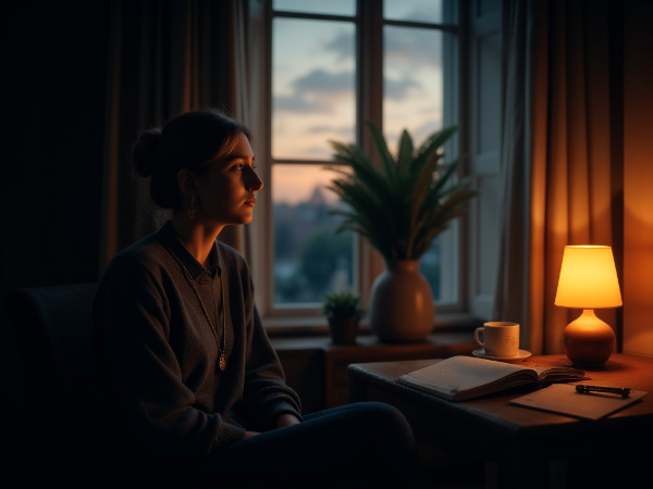 Žena prožívá zármutek po ztrátě partnera, hledá vnitřní klid a naději v každodenních rituálech.