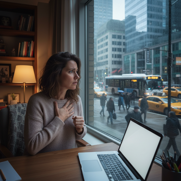 Ilustrace ženy pracující z domova, která zažívá úzkost při pohledu na rušný svět venku, symbolizující agorafobii a pocit uvěznění v bezpečí domova.