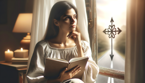 Žena v krizi středního věku hledá směr, píše si deník a hledí na křižovatku možností.