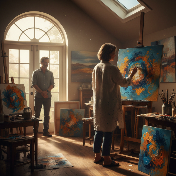 Žena malující v ateliéru, zatímco její manžel z dálky pozoruje, symbolizující emocionální odtažení a hledání sebe sama během klimakteria.