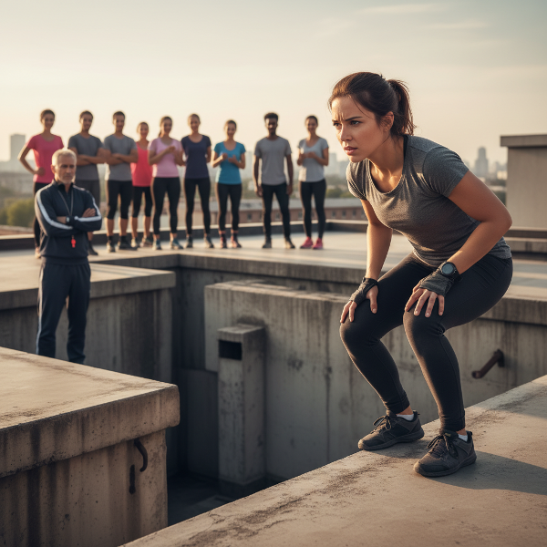 Žena před parkourovým skokem, která bojuje s vnitřním strachem a pocitem, že ji komunita soudí, přestože je technicky připravená.