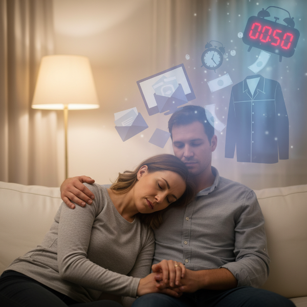 Ilustrace ženy a partnera v klidném, intimním okamžiku, který symbolizuje obnovu blízkosti navzdory stresu a únavě.