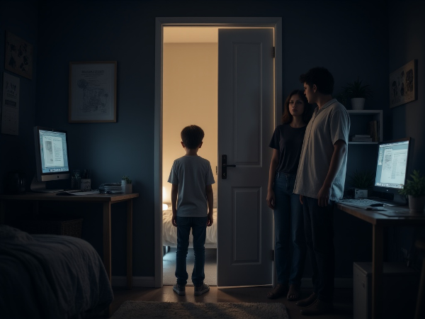Rodiče stojí před zavřenými dveřmi pokoje svého syna, znepokojeni jeho izolací a změnou chování.