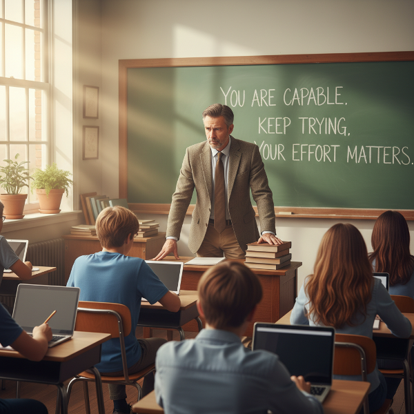 Učitel v učebně s výrazem starostlivosti, zatímco studenti pracují. Obraz znázorňuje tíhu odpovědnosti a touhu být oporou.