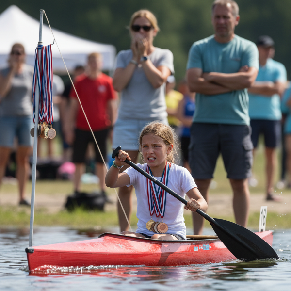 Dvanáctiletá dívka na závodní kanoistice, vypjatá mezi vášní a tlakem, s rodiči na břehu.
