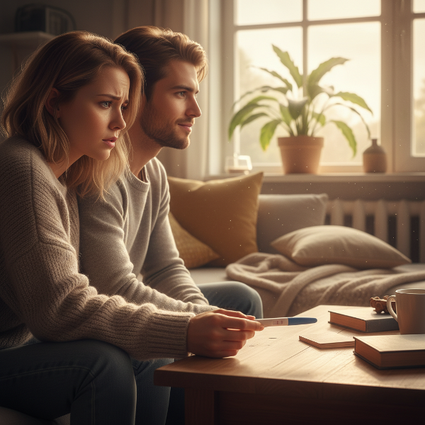 Pár v obývacím pokoji s pozitivním těhotenským testem, zobrazující napětí i naději.