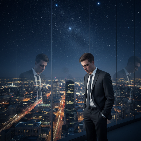 Muž v obleku na vrcholu mrakodrapu hledí na město, zatímco se nad ním otevírá prázdnota hvězdné oblohy, symbolizující vnitřní prázdnotu po dosažení kariérního cíle.