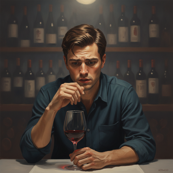 Mladý muž večer u stolu se sklenkou vína, vyjadřující vnitřní boj se závislostí na alkoholu a stresem z práce a vztahu.