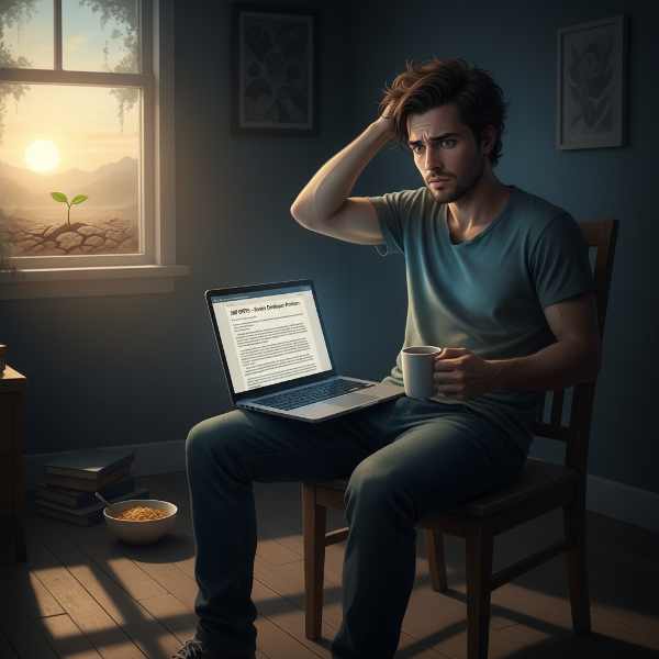 Mladý muž s úzkostným výrazem hledí na nabídku práce na notebooku, symbolizující paralýzu a strach z nových příležitostí po osobním kolapsu.