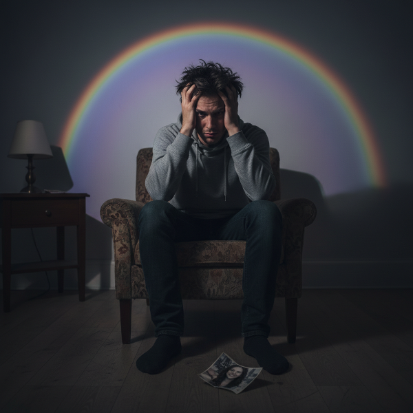 Mladý muž prožívá vnitřní zmatek a úzkost ohledně své identity a vztahu, symbolizovaný jemnou duhovou spektrem na pozadí.