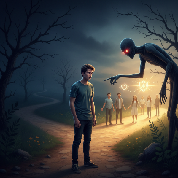 Mladý muž na rozcestí mezi temným, izolujícím vlivem a světlejší cestou k podpoře a sebeúctě.