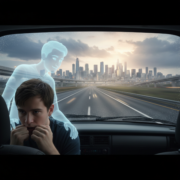 Mladý muž s úzkostí za volantem, symbolická podpora a cesta k uzdravení.