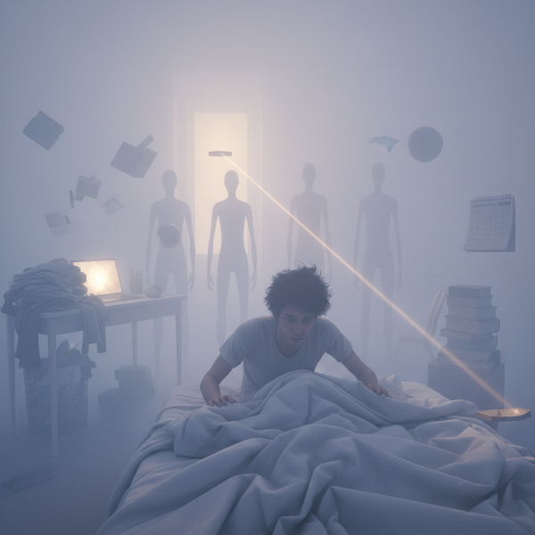 Mladý muž uvězněný v mlžném oparu, symbolizující emocionální vyčerpání a psychickou paralýzu, s náznakem naděje v dálce.
