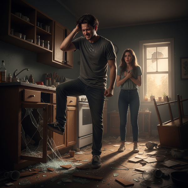 Muž v krizi po proražení dveří během hádky, s vystrašenou přítelkyní, ale s náznakem naděje.