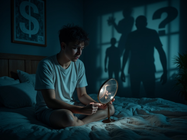 Mladý muž trpící nočními můrami a úzkostí z vzhledu a financí, znázorněný v noční scéně s neklidnými symboly.