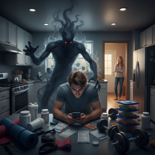 Ilustrace muže uprostřed kuchyně s fitness vybavením a nutričními štítky, kterého sužuje stín posedlosti zdravou stravou, zatímco partnerka nabízí podporu.