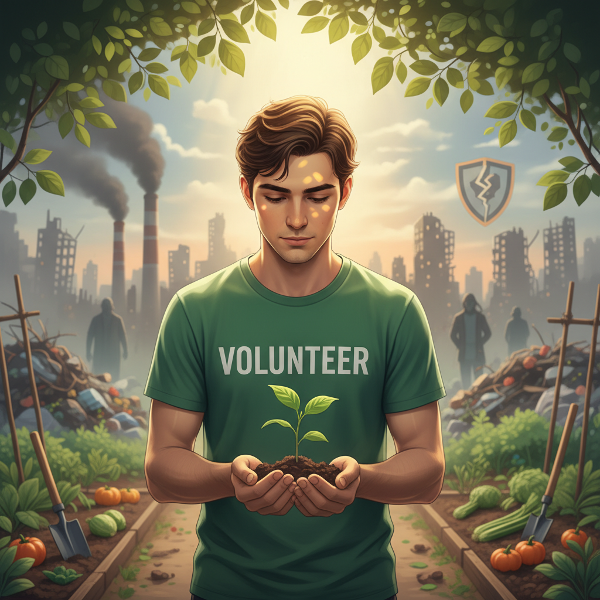 Mladý muž v dobrovolnické práci najde klid a naději v malém, konkrétním činu uprostřed velkých světových problémů.