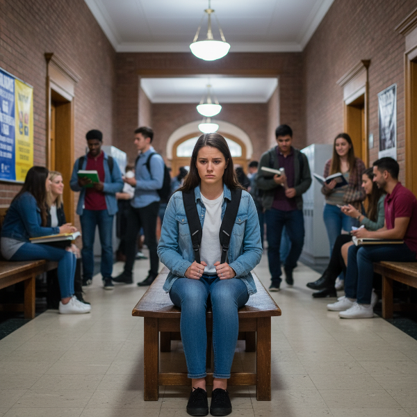 Mladá studentka sedí sama v přeplněné chodbě univerzity, vypadá úzkostně a izolovaně.