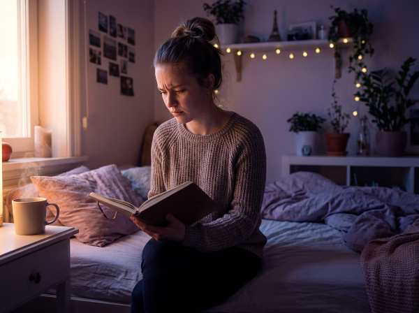 Mladá žena ve svém pokoji večer, klidně přemýšlí a vede si deník, zatímco se vyrovnává s úzkostí.