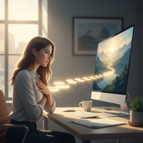 Mladá žena v kanceláři hledá novou cestu, symbolizovanou kameny vedoucími od počítače, ztělesňující úzkost a hledání smyslu.