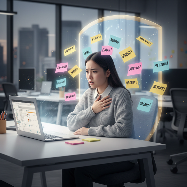 Mladá žena v kanceláři se cítí zahlcená prací, ale učí se nastavovat zdravé hranice, symbolizované ochranným světlem.