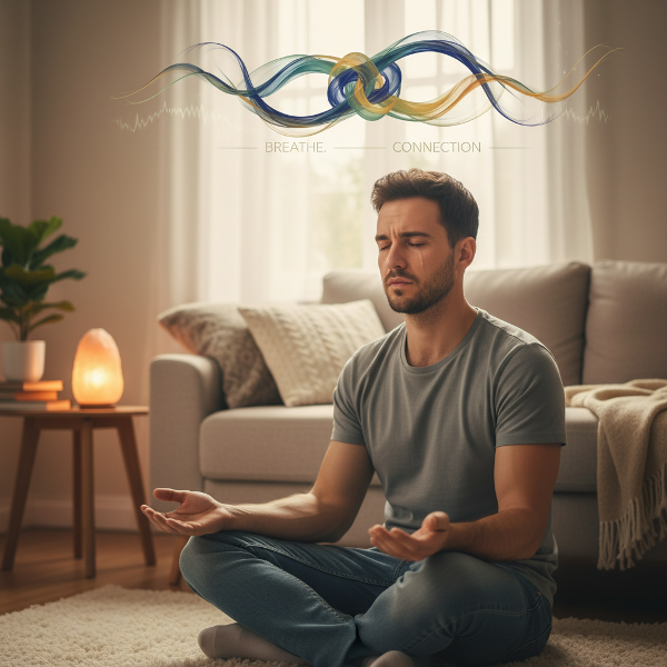 En ung mand oplever modstridende følelser omkring intimitet og søger ro gennem åndedrætsøvelser i et trygt hjem.