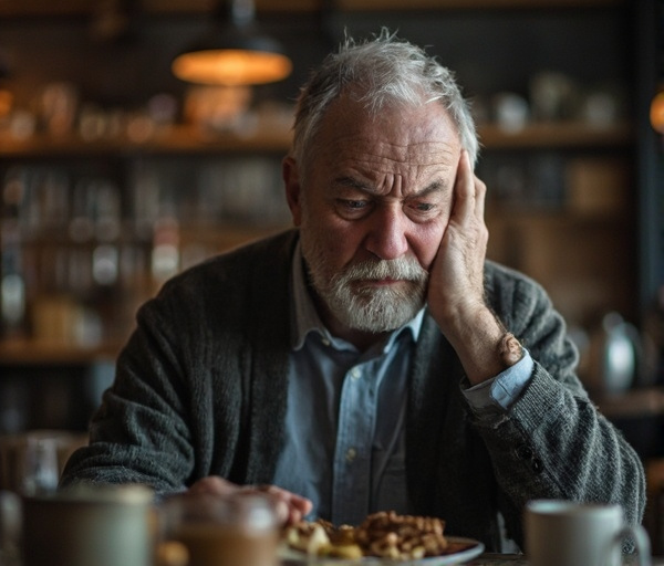 En bekymret 51-årig mand sidder alene ved et spisebord og mærker tryk i halsen og spændinger, mens tanker om sygdom svæver omkring ham i en dæmpet, terapeutisk stemning.