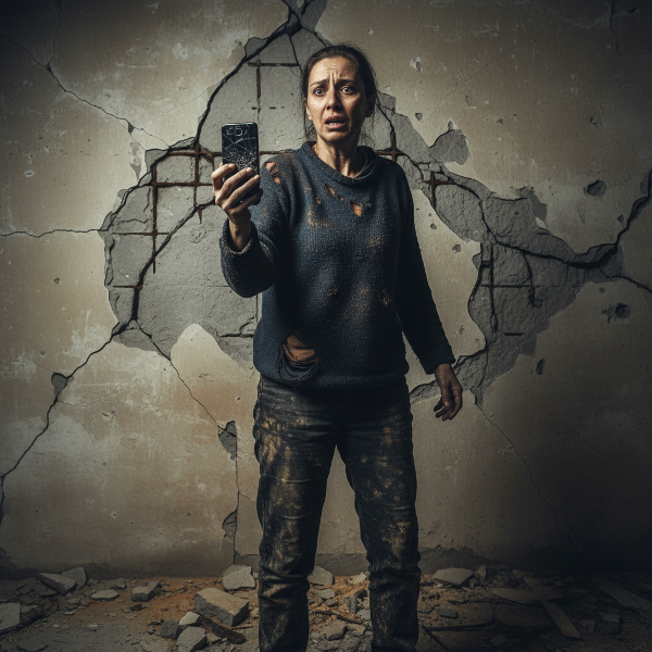 En ængstelig mor i et rodet hjem med tegn på aggression som hul i væggen og en ødelagt telefon