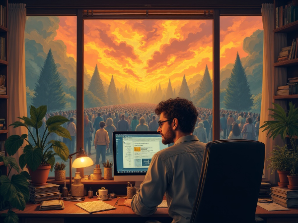 En mand føler sig alene ved sit arbejde, men en bro af puslespilsbrikker forbinder ham med et varmt fællesskab udenfor.