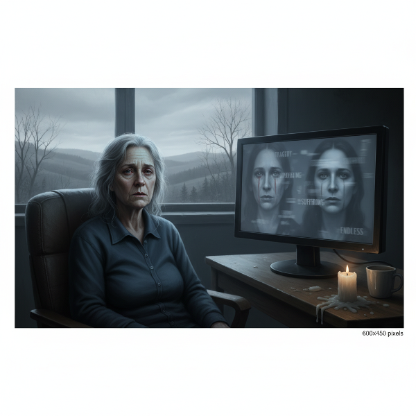 En 61-årig kvinde sidder foran en computerskærm i et dæmpet rum med et fladt, følelsesløst udtryk. Skærmen viser utydelige, triste ansigter. En uantændt stearinlys på bordet symboliserer den slukkede gnist. Stemningen er følelsesmæssig tomhed og udbrændthed.