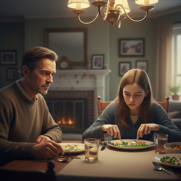 En far ser bekymret på sin teenage-datter ved middagsbordet, hvor hun ikke spiser. Stemningen er anspændt og kærlig.
