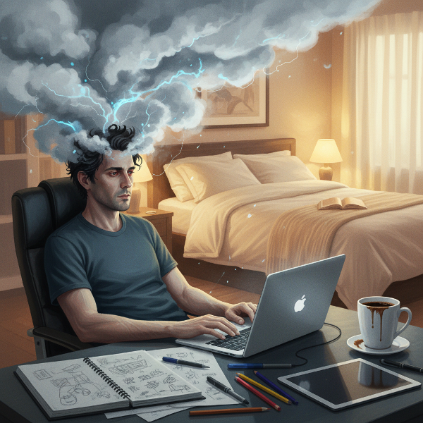 En mand oplever kreativ blokering og nedsat sexlyst, symboliseret ved en tåge om hovedet og en adskillelse mellem et kaotisk arbejdsområde og et intimt, uopnåeligt soveværelse.