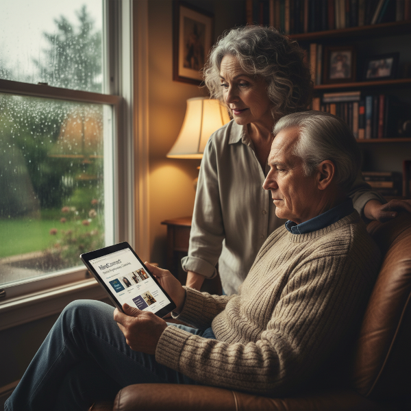 En ældre mand sidder eftertænksomt med en tablet, mens hans kone ser på ham. Billedet fanger følelsen af usikkerhed og refleksion omkring intimitet og ændringer i et langvarigt ægteskab.