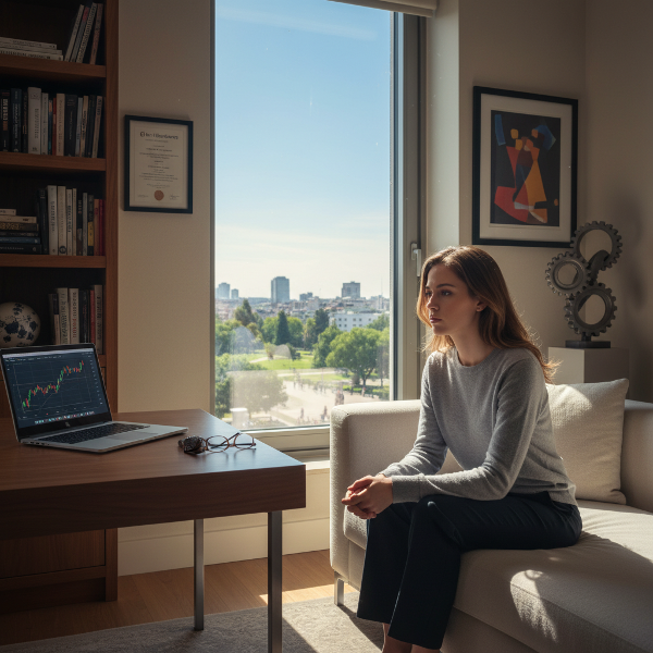 En ung kvinde ser ud af et vindue på en solrig dag, omgivet af ting der symboliserer et stabilt liv, men med en følelse af følelsesmæssig distance og mangel på tilstedeværelse.