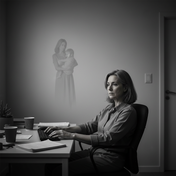 En 49-årig kvinde sidder tomt ved et skrivebord i grå toner, med en svag silhuet af en mor i baggrunden, symbol på følelsesmæssig fladhed og apati