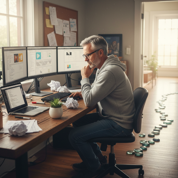 En mand i starten af 50'erne sidder ved sit skrivebord og arbejder på sin nye virksomhed. Han ser eftertænksom ud, omgivet af planer og skitser, mens et stille lys og en plante symboliserer vækst og nye skridt.
