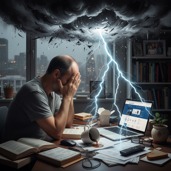 En mand i hjemmekontor, overvældet af en indre storm af vrede over småting, mens hans professionelle drøm vises roligt på skærmen.