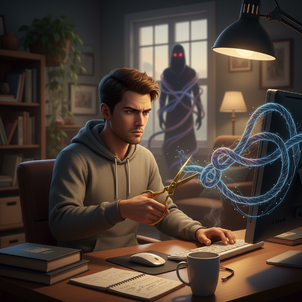 En ung mand etablerer sunde grænser i sit nye online psykologarbejde, symbolsk ved at klippe en sammenvævet forbindelse fra fortiden.