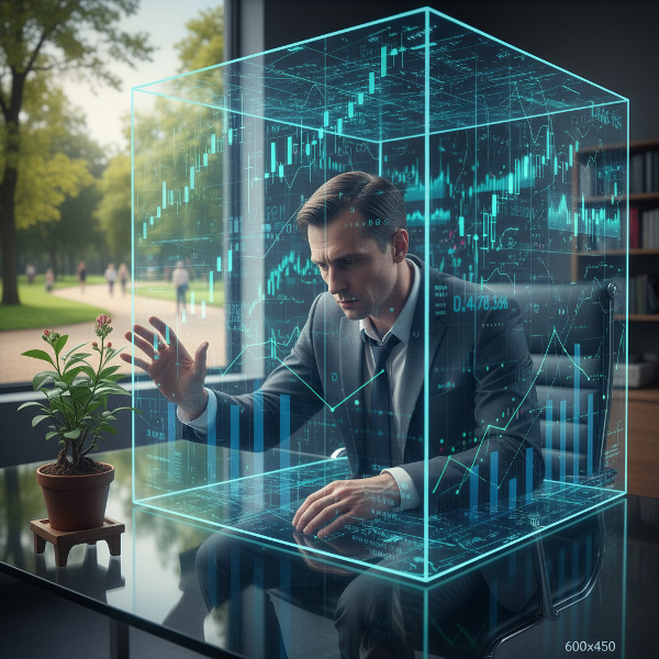 En mand fanget i et bur af tal og diagrammer, mens han længes efter den kreative frihed og balance symboliseret af naturen udenfor.
