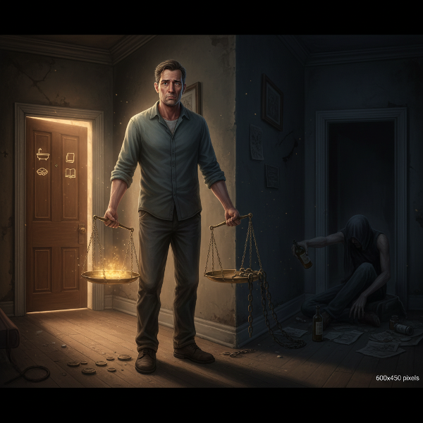 En træt mand i et mørkt hjem står ved et vejkryds mellem selvpleje og omsorg for en partner med alkoholproblemer, mens han holder en ubrugelig vægt.