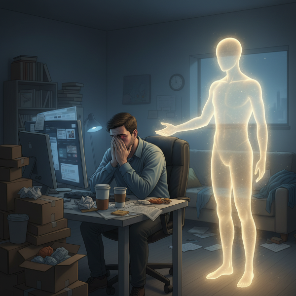 En udbrændt mand ved sit arbejde, omgivet af pakker og en følelse af tomhed, mens en symbolsk hjælper viser vej.