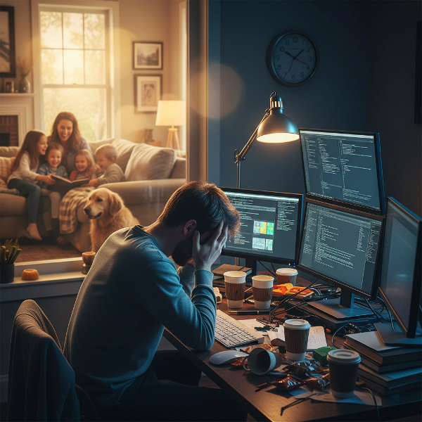 En overvældet mand ved et rodet skrivebord om natten, adskilt fra sin families varme lys.