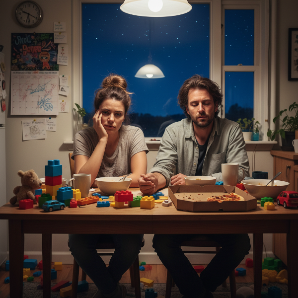 Et udmattet par sidder sent om aftenen i et rodet køkken, men holder hinanden i hånden som et tegn på forbindelse midt i kaos.