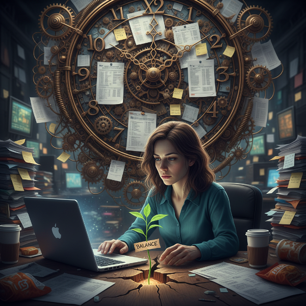 En udmattet kvinde omgivet af arbejde, med et symbol på vækst og balance, der bryder igennem.