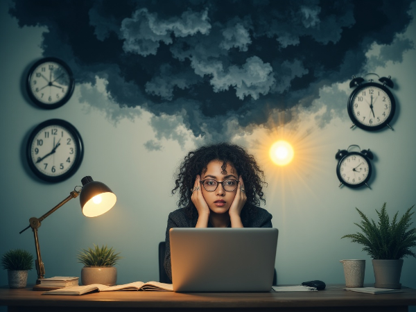 En udmattet kvinde ved sit arbejde, omgivet af symboler på stress og en antydning af håb om balance.