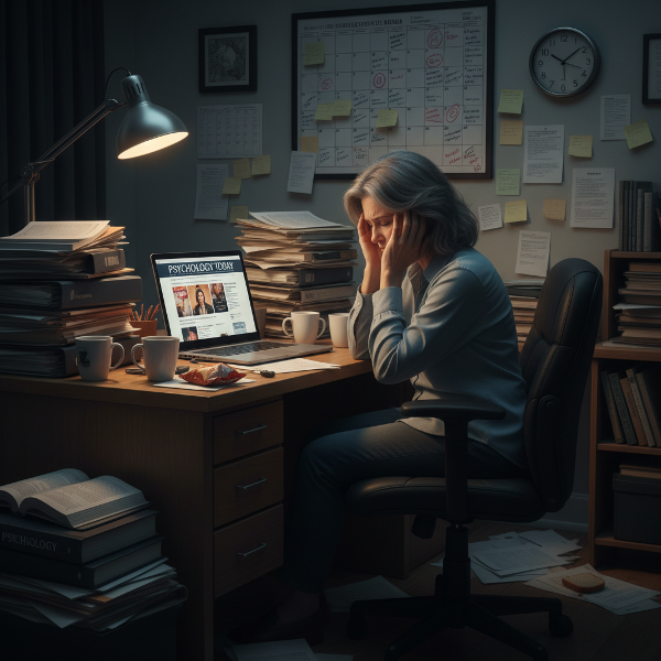 En udmattet kvinde om natten foran sin computer med sit psykologiske rådgivningssite, omgivet af kaos og stress-tegn.